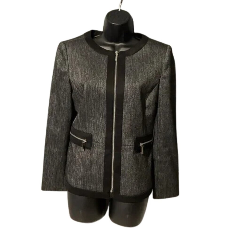 Anne Klein Zipper Collarless Peplum Blazer Jacket Metallic Charcoal Gray, Size 8